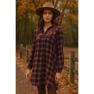 Johnny Was Workshop Plaid Long Sleeve Flower Embroidered Tunic Dress Medium Red